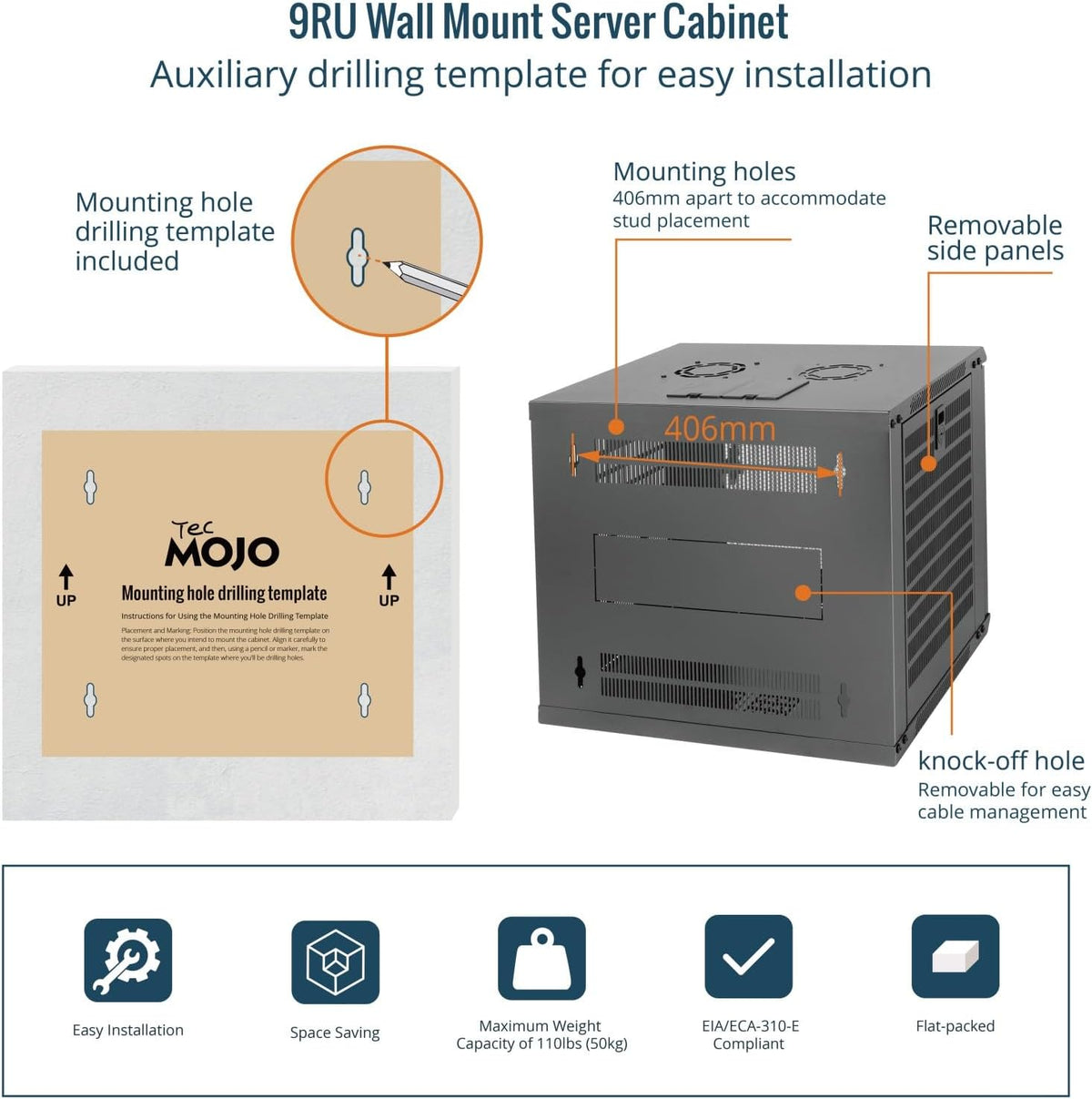 Tecmojo 9RU Wall Mount Network Cabinet, Data Server Rack Enclosure with Lockable Mesh Door and Side Panels, 50 kg /110 lbs Max Loading, 450 mm Deep, for 19 inches IT Equipment, Black