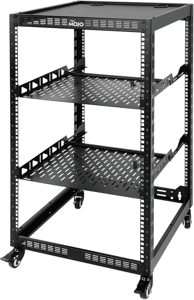 Tecmojo 20U Open Frame Server & AV Rack, 4-Post Mobile Network Rack with Casters, 2x 1U Shelves, Mounting Hardware for 19” Servers, Network & Audio Gear