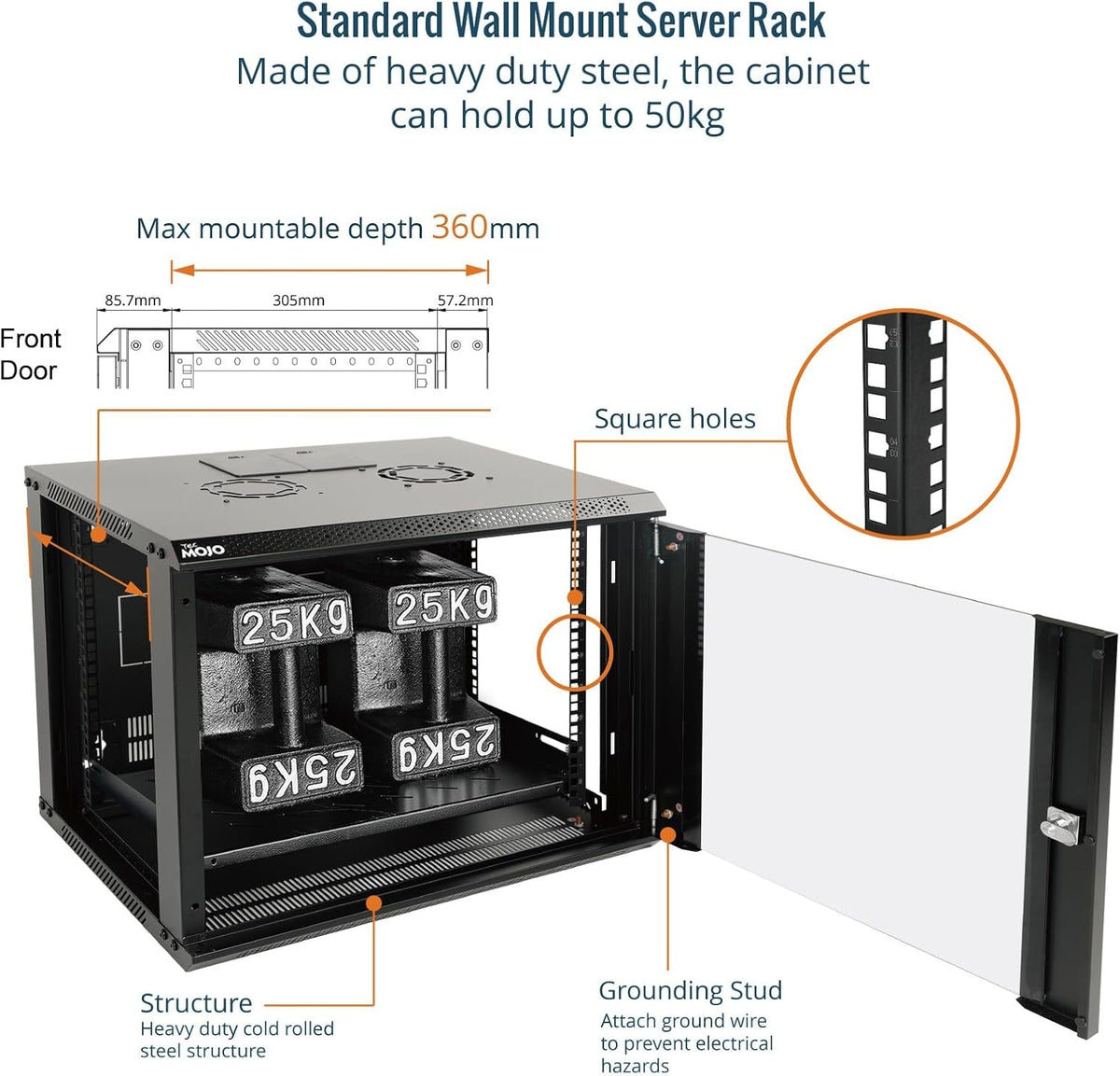 Tecmojo 9RU Wall Mount Network Cabinet, Data Server Rack Enclosure with Lockable Mesh Door and Side Panels, 50 kg /110 lbs Max Loading, 450 mm Deep, for 19 inches IT Equipment, Black