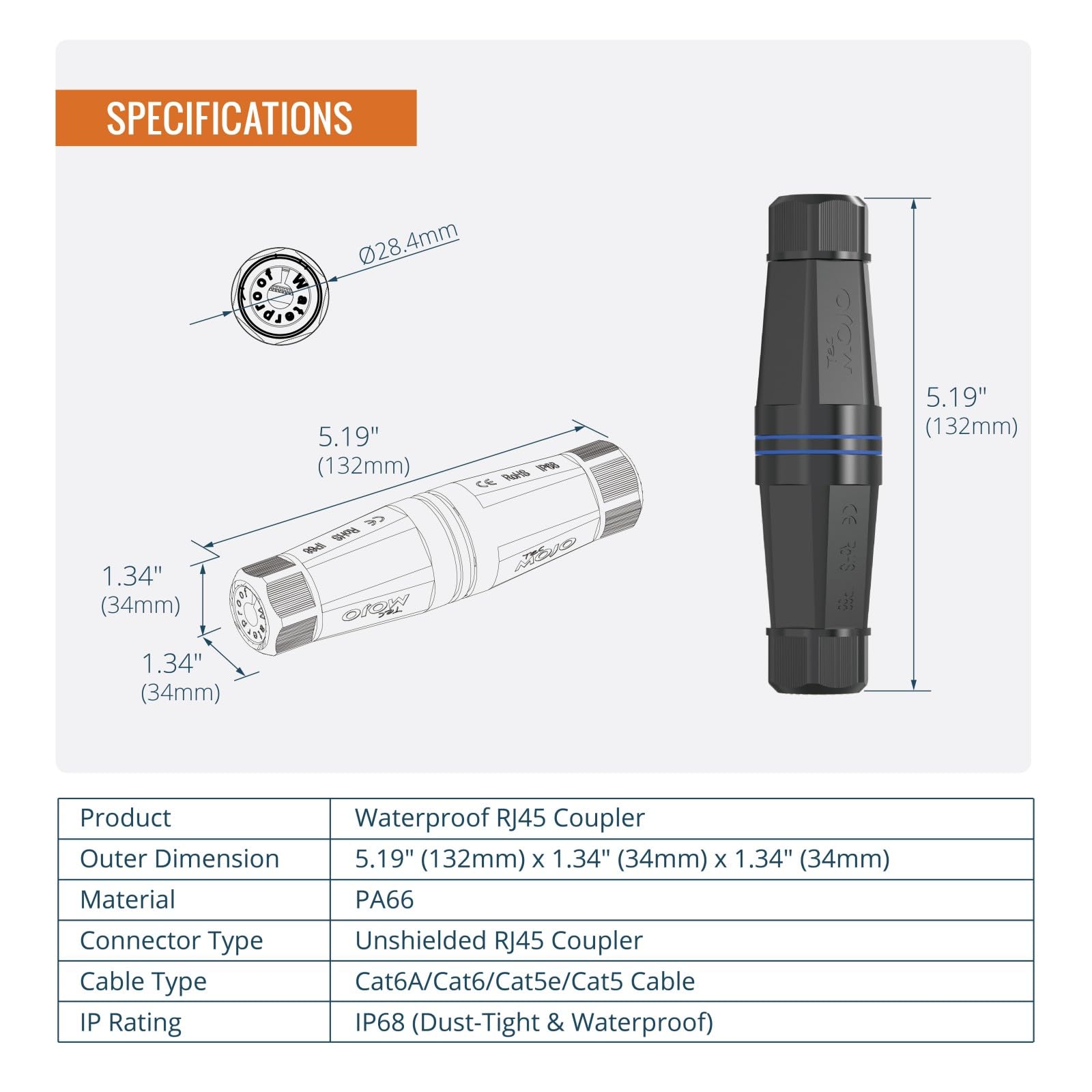 Tecmojo 5 Pack Blank Waterproof Connector, IP68 132mm Length Empty Waterproof Coupler Outdoor Cable Extender for Outdoor Ethernet LAN Cable