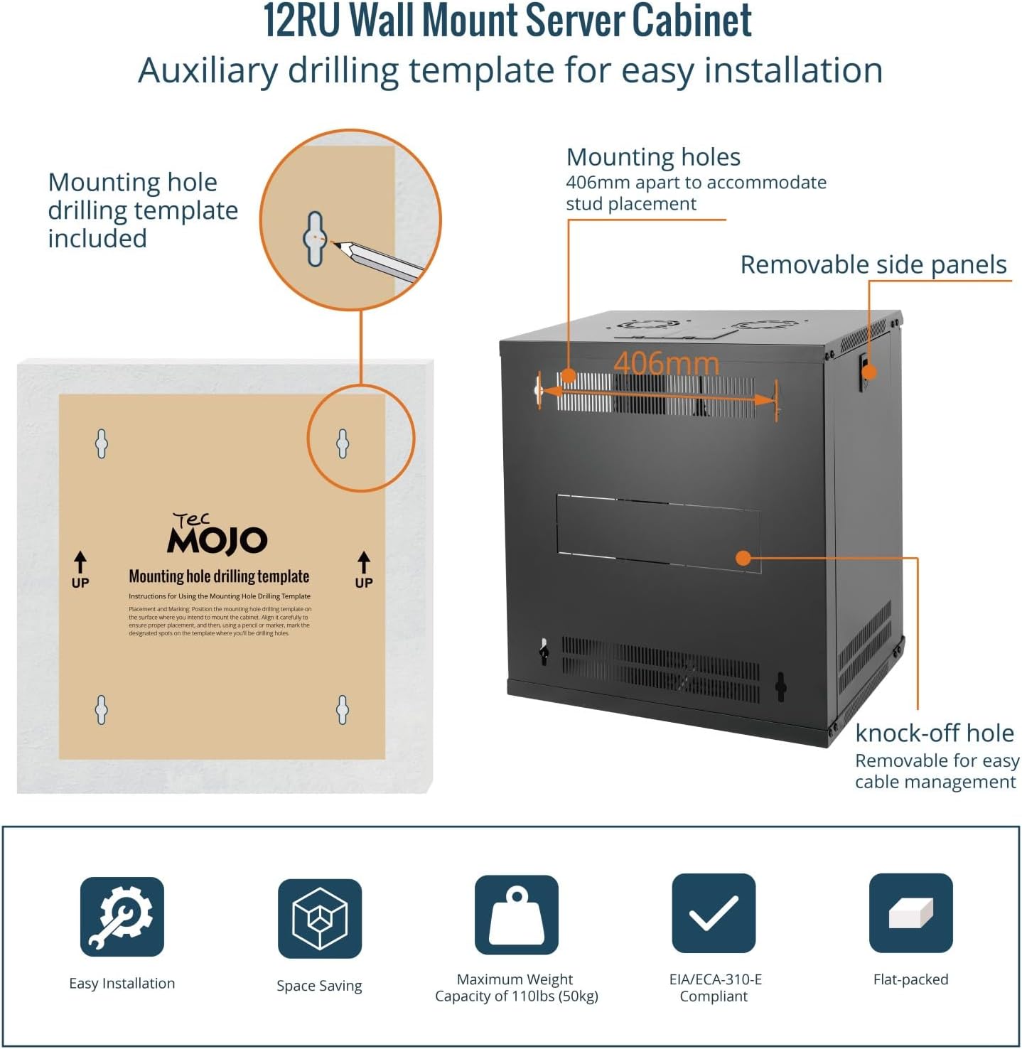 Tecmojo 9RU Wall Mount Network Cabinet, Data Server Rack Enclosure with Lockable Mesh Door and Side Panels, 50 kg /110 lbs Max Loading, 450 mm Deep, for 19 inches IT Equipment, Black
