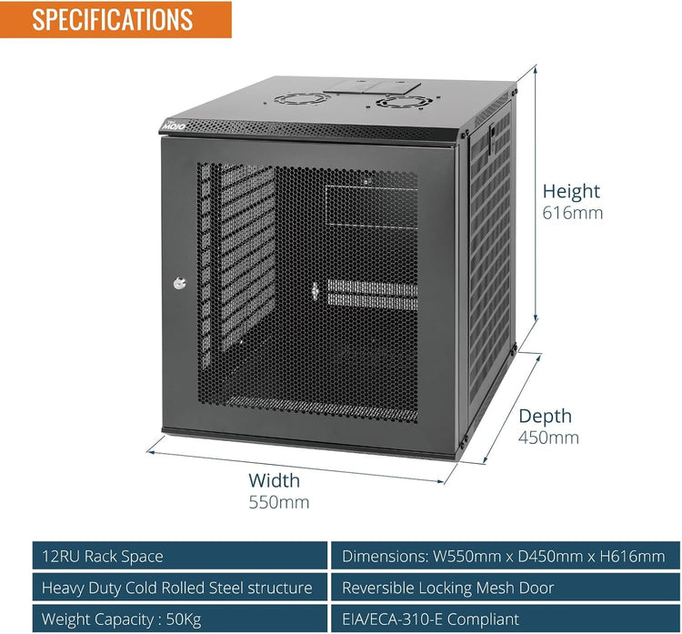Tecmojo 9RU Wall Mount Network Cabinet, Data Server Rack Enclosure with Lockable Mesh Door and Side Panels, 50 kg /110 lbs Max Loading, 450 mm Deep, for 19 inches IT Equipment, Black