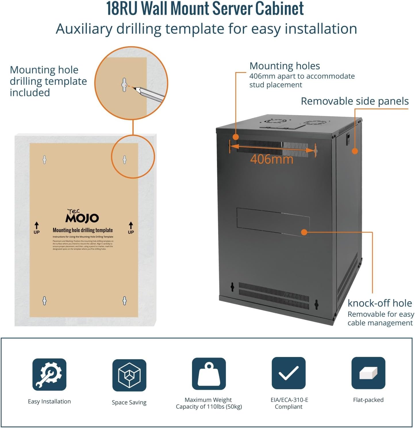 Tecmojo 9RU Wall Mount Network Cabinet, Data Server Rack Enclosure with Lockable Mesh Door and Side Panels, 50 kg /110 lbs Max Loading, 450 mm Deep, for 19 inches IT Equipment, Black