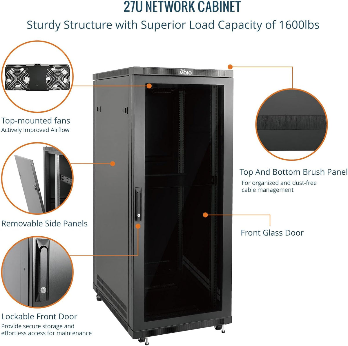 Tecmojo 27U 600 * 600mm 4 Post Free Standing Network Cabinet Data Server Rack, Lockable Glass Door, with Cantilevel Shelf Casters and feets, Disassembled Flat package
