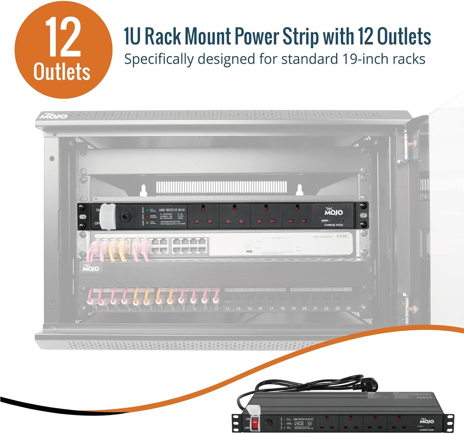 Tecmojo 6 Way 19'' Rack Mount PDU 13A Switched Power distribution Unit, Wall Mountable, Surge Protection, Aluminum Alloy With UK Plug, 2M Cable