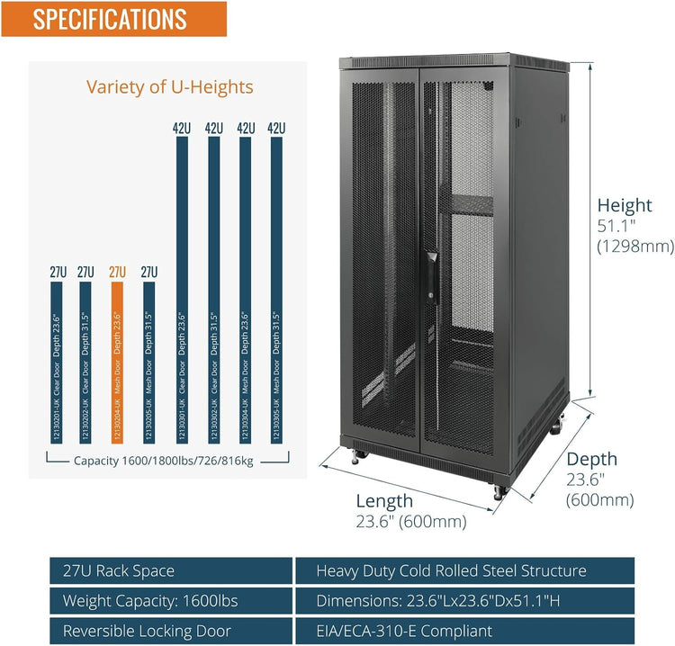 Tecmojo 27U 600 * 600mm 4 Post Free Standing Network Cabinet Data Server Rack, Lockable Glass Door, with Cantilevel Shelf Casters and feets, Disassembled Flat package