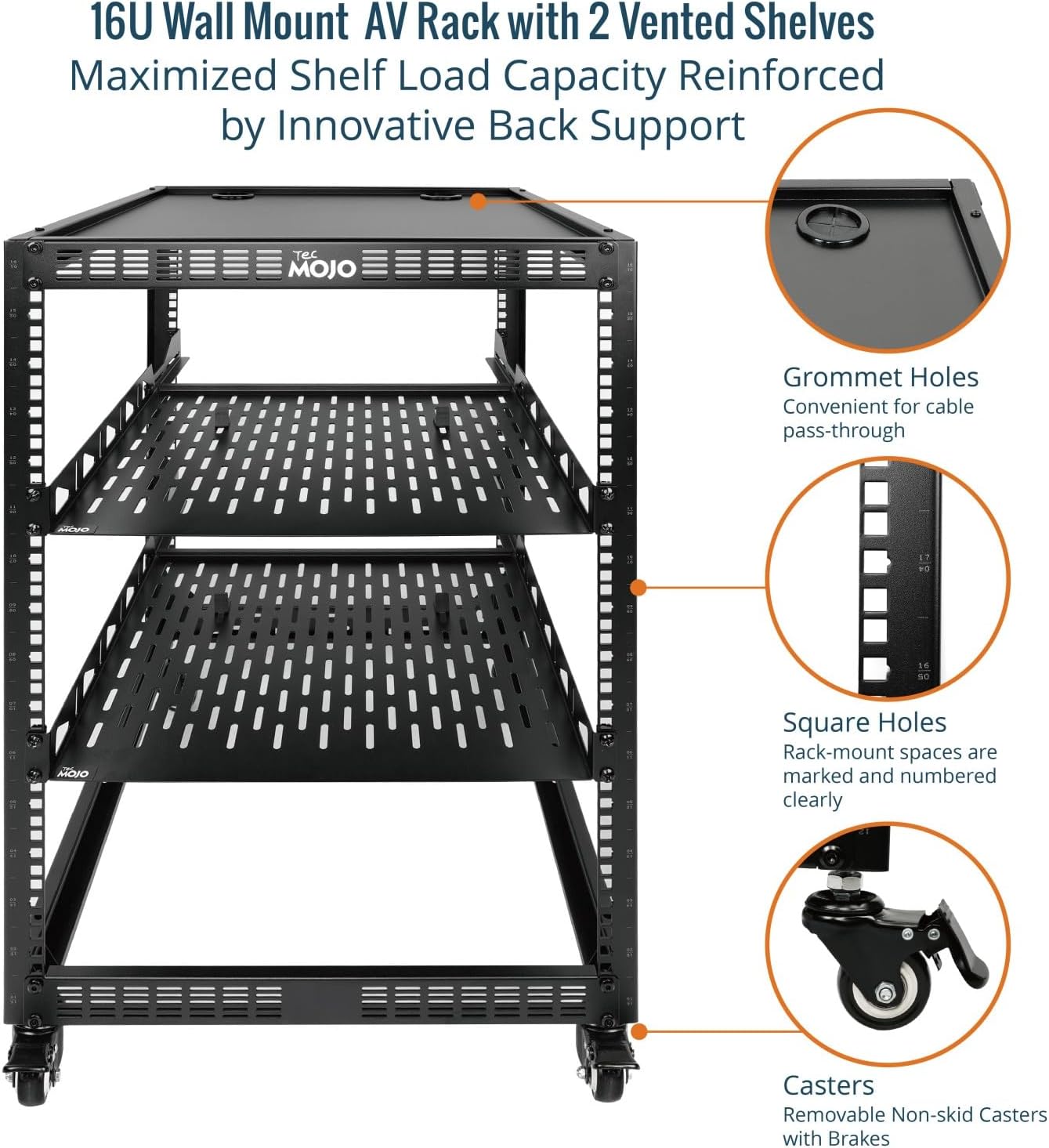 Tecmojo 12U Open Frame Network Rack, 19" Compatible, Floor Standing and Wall Mountable, with 2x 1U Server Shelf & Mounting Hardware, AV & IT Equipment Rack for for Office/Home
