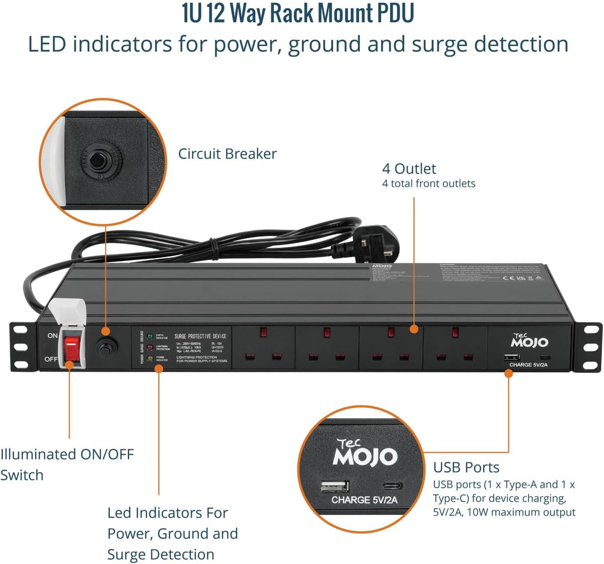 Tecmojo 6 Way 19'' Rack Mount PDU 13A Switched Power distribution Unit, Wall Mountable, Surge Protection, Aluminum Alloy With UK Plug, 2M Cable