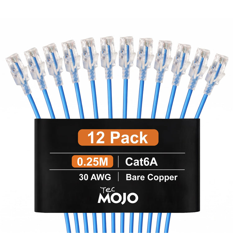Tecmojo Ultra Slim 12 Pack,0.5M CAT6A Ethernet Patch Cable,UTP 10 Gigabit LAN Network Cable,30AWG LSZH RJ45 Patch Cord,Blue
