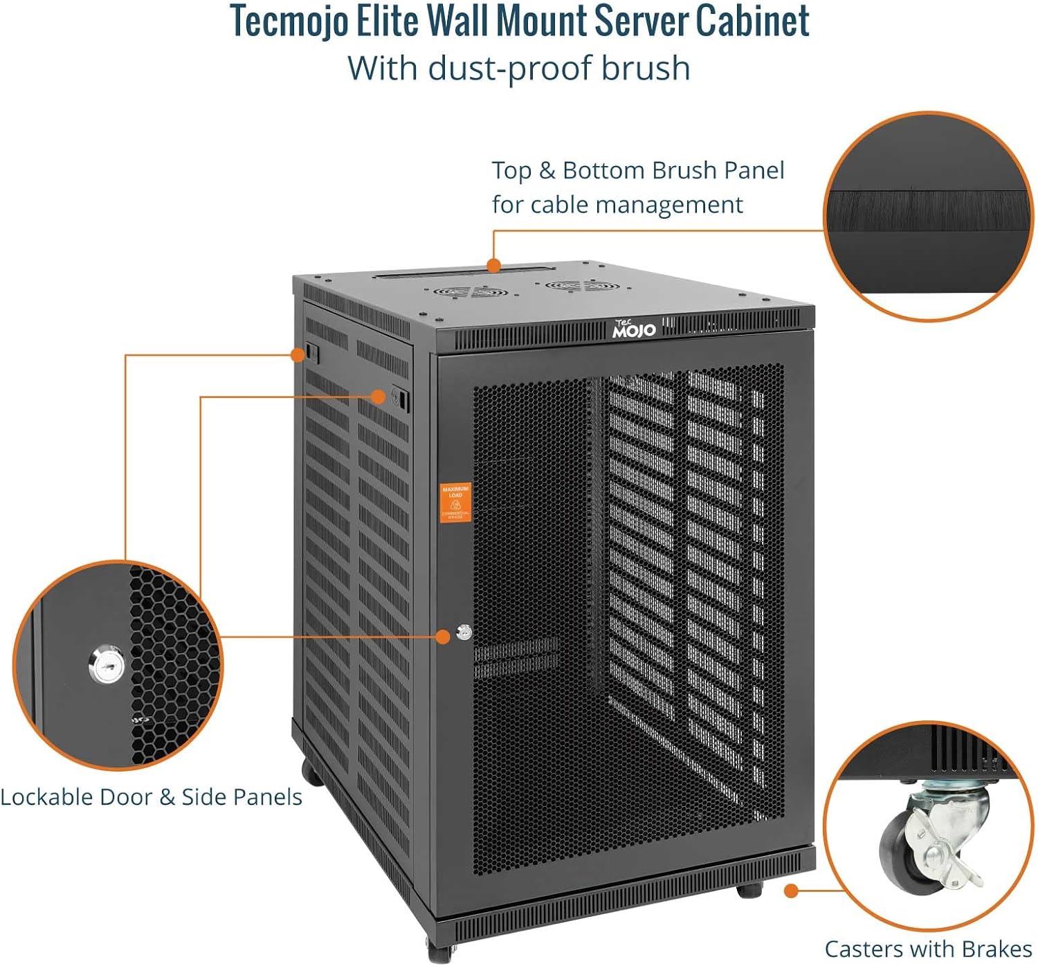 Tecmojo 12U 600mm Depth Wall Mount Server Cabinet, IT Network Rack Enclosure Lockable Door and Side Panels Black, Glass Door, for 19” IT Equipment, A/V Devices