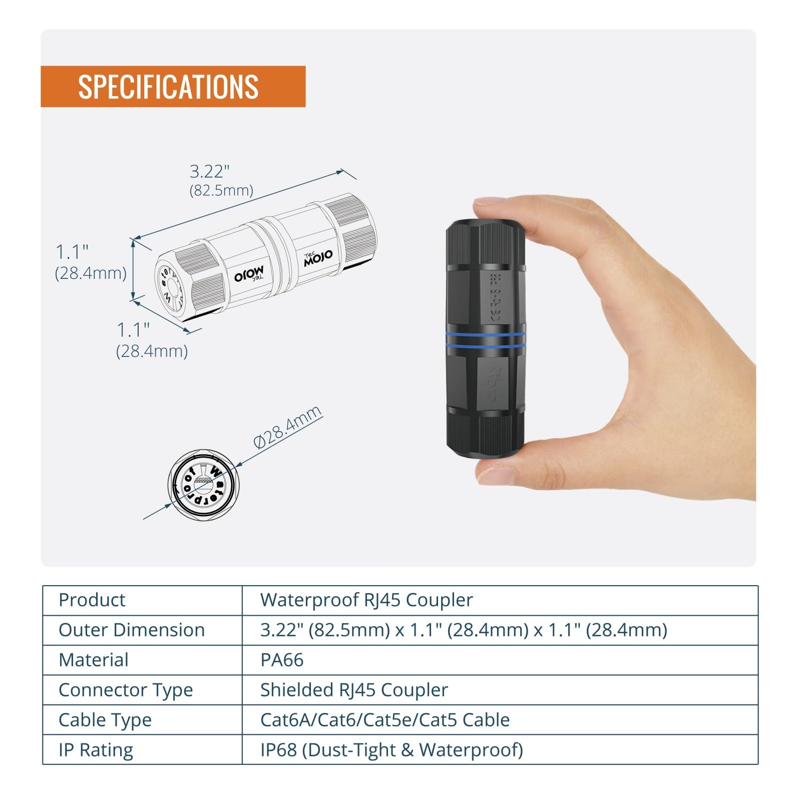 Tecmojo 3 Pack Waterproof RJ45 Connector, IP68 82mm Length Cat 6/Cat 5E/Cat 5 Shielded Waterproof RJ45 Coupler Outdoor Cable Extender for Outdoor Ethernet LAN Cable