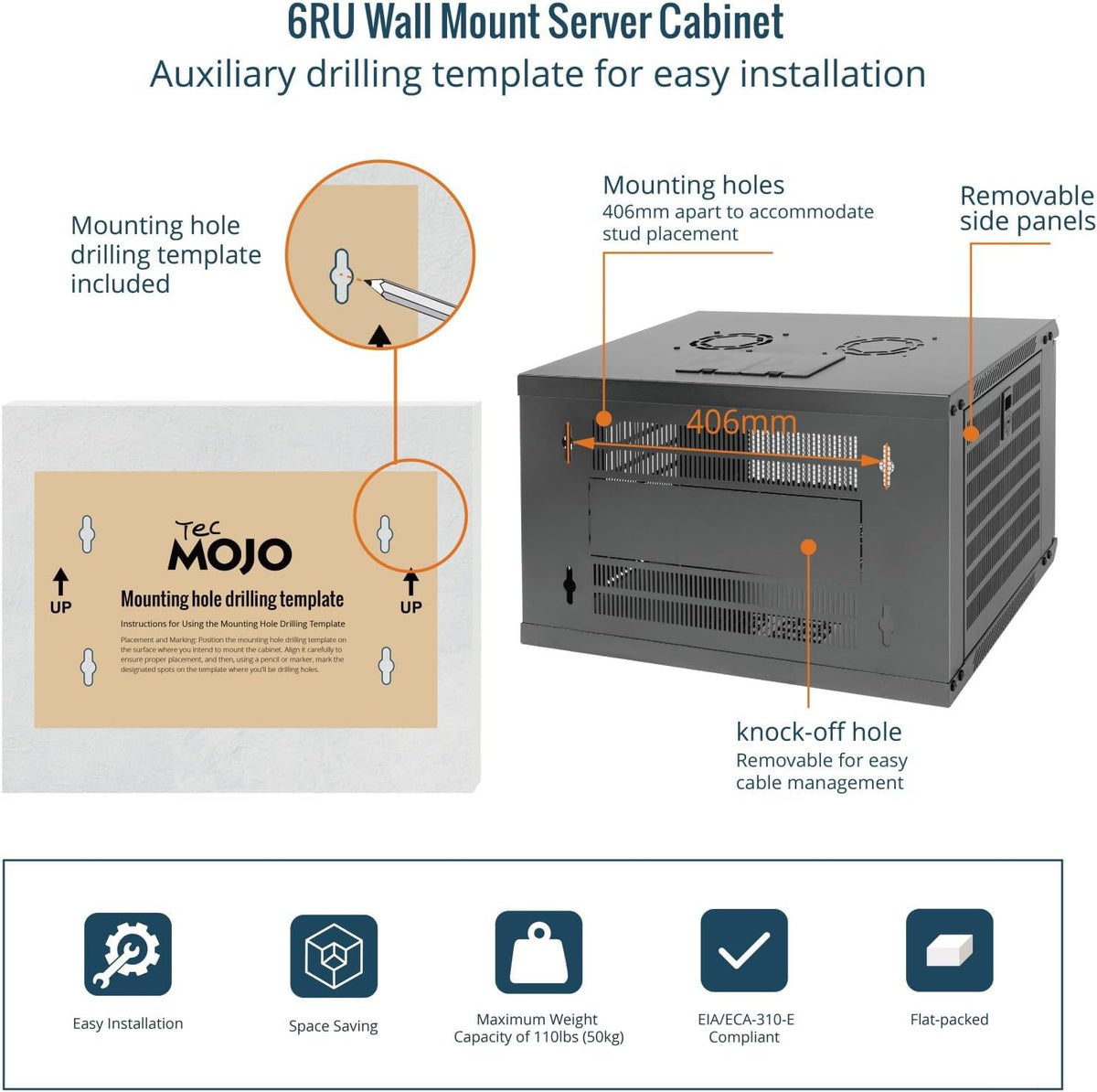 Tecmojo 9RU Wall Mount Network Cabinet, Data Server Rack Enclosure with Lockable Mesh Door and Side Panels, 50 kg /110 lbs Max Loading, 450 mm Deep, for 19 inches IT Equipment, Black
