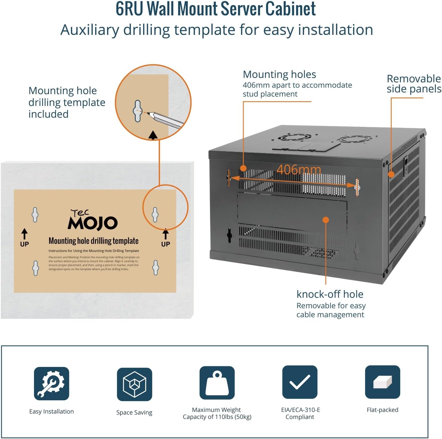 Tecmojo 9RU Wall Mount Network Cabinet, Data Server Rack Enclosure with Lockable Mesh Door and Side Panels, 50 kg /110 lbs Max Loading, 450 mm Deep, for 19 inches IT Equipment, Black