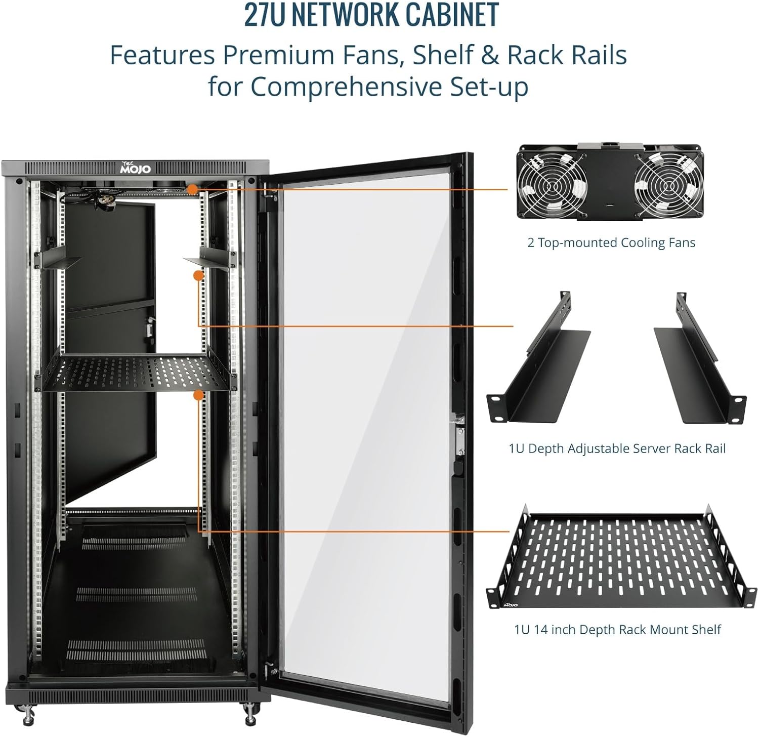 Tecmojo 27U 600 * 600mm 4 Post Free Standing Network Cabinet Data Server Rack, Lockable Glass Door, with Cantilevel Shelf Casters and feets, Disassembled Flat package
