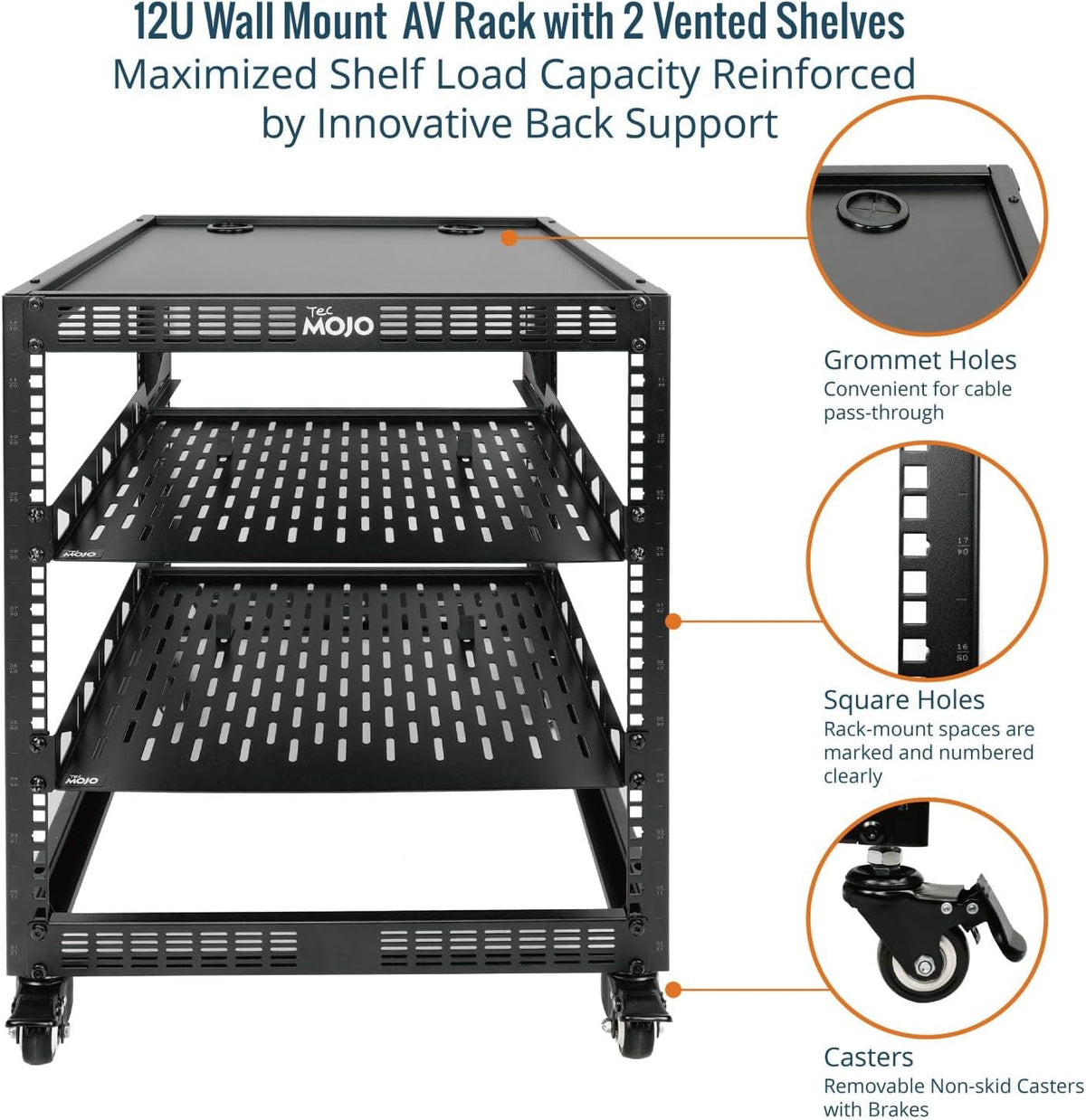Tecmojo 12U Open Frame Network Rack, 19" Compatible, Floor Standing and Wall Mountable, with 2x 1U Server Shelf & Mounting Hardware, AV & IT Equipment Rack for for Office/Home