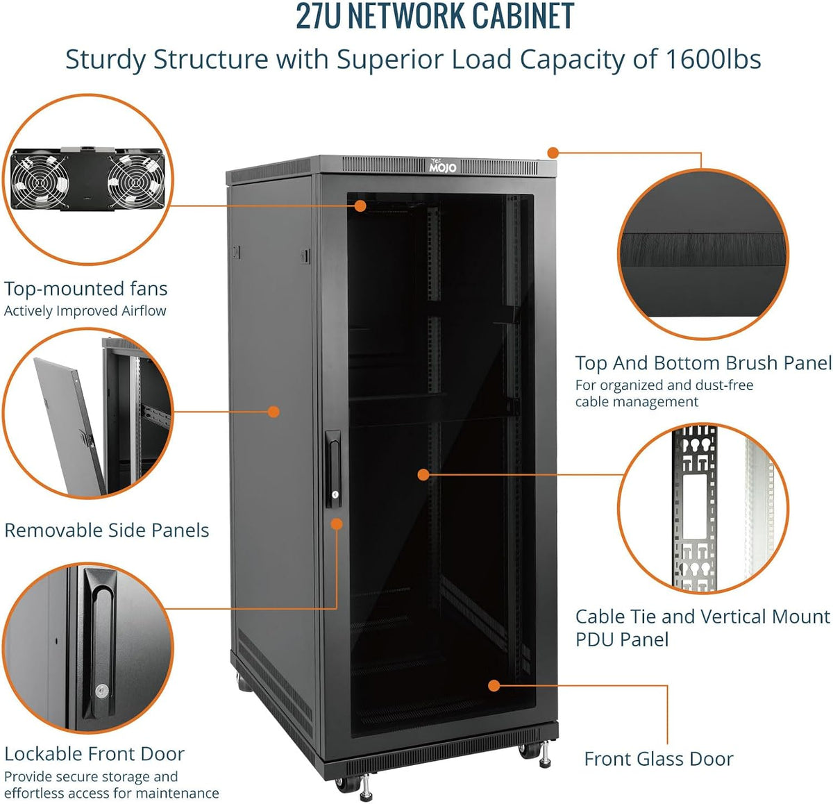 Tecmojo 27U 600 * 600mm 4 Post Free Standing Network Cabinet Data Server Rack, Lockable Glass Door, with Cantilevel Shelf Casters and feets, Disassembled Flat package