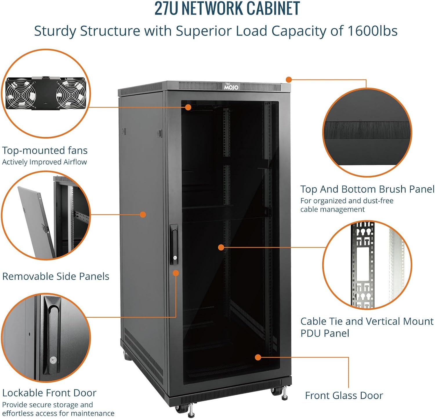 Tecmojo 27U 600 * 600mm 4 Post Free Standing Network Cabinet Data Server Rack, Lockable Glass Door, with Cantilevel Shelf Casters and feets, Disassembled Flat package