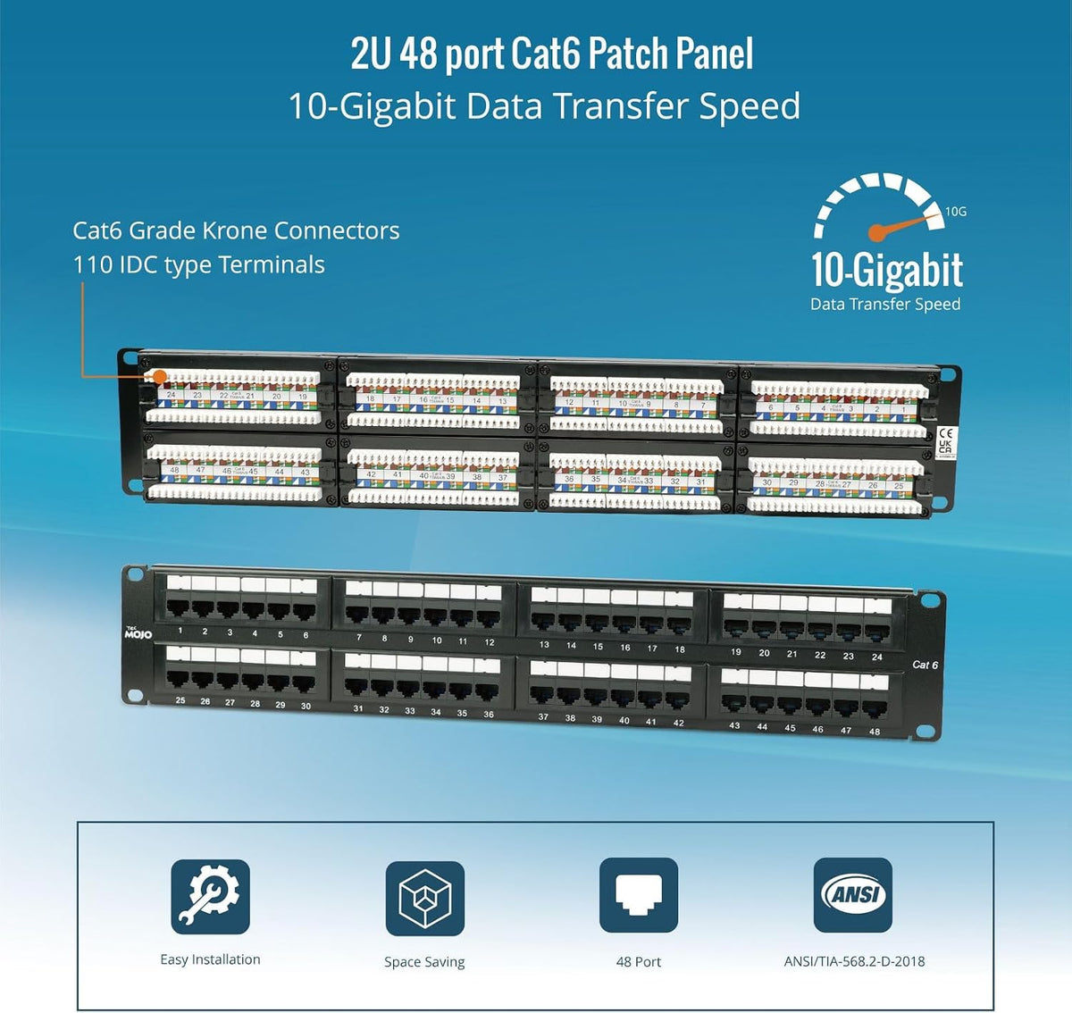 Tecmojo Cat6 48 Port Patch Panel, 19'' Network Patch Panel for Network Switch, 19inch Server Racks and Network Cabinets, 10G Support, Rack Mount, With Cable Management