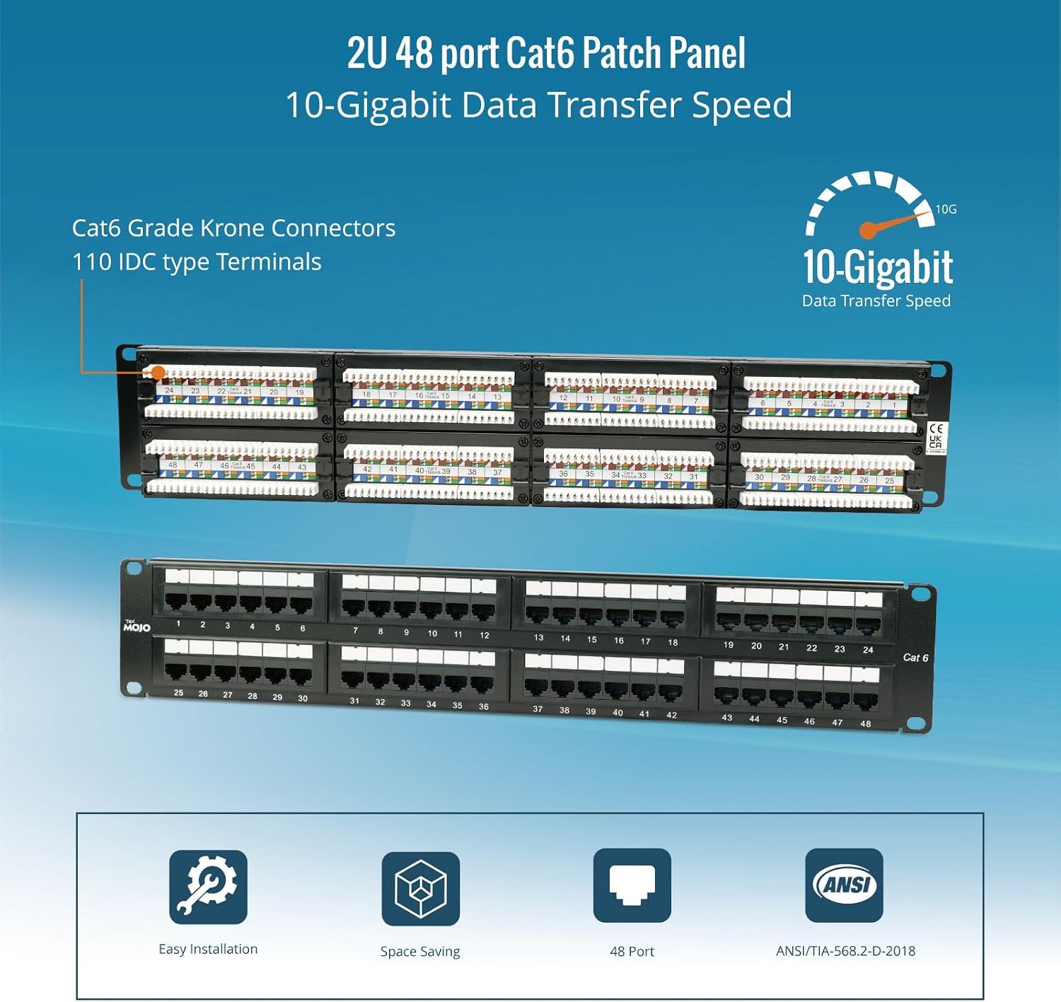 Tecmojo Cat6 48 Port Patch Panel, 19'' Network Patch Panel for Network Switch, 19inch Server Racks and Network Cabinets, 10G Support, Rack Mount, With Cable Management