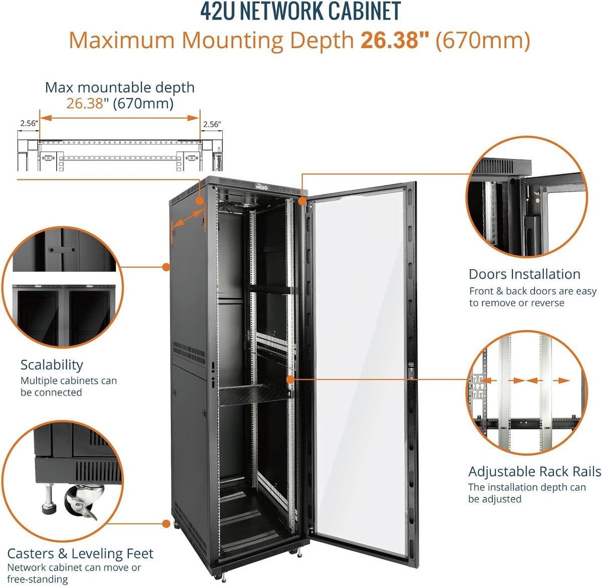 Tecmojo 27U 600 * 600mm 4 Post Free Standing Network Cabinet Data Server Rack, Lockable Glass Door, with Cantilevel Shelf Casters and feets, Disassembled Flat package