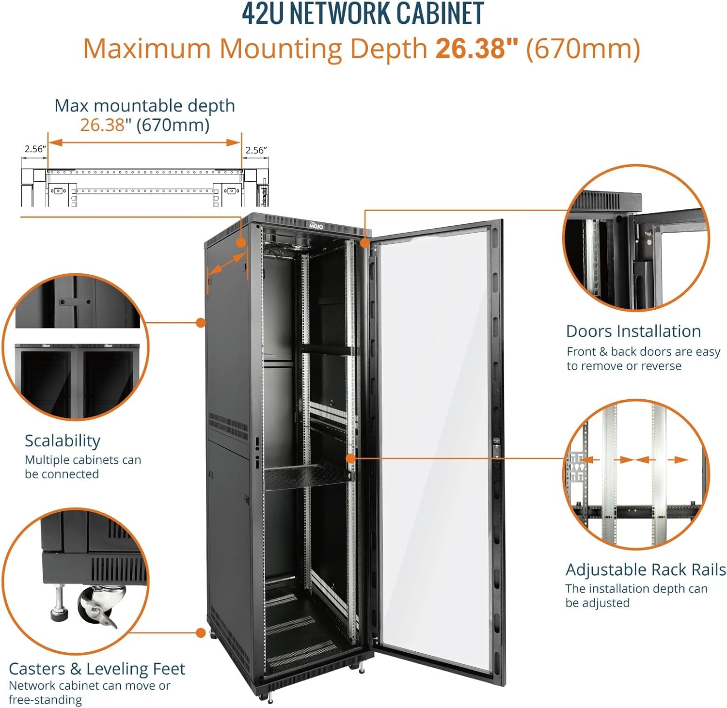 Tecmojo 27U 600 * 600mm 4 Post Free Standing Network Cabinet Data Server Rack, Lockable Glass Door, with Cantilevel Shelf Casters and feets, Disassembled Flat package