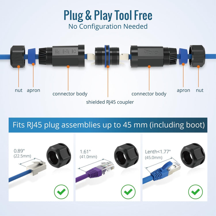 Tecmojo 6 Pack Waterproof Cat 6 RJ45 Connector, IP68 120mm Length Cat 6/Cat 5E/Cat 5 Shielded Waterproof RJ45 Coupler Outdoor Cable Extender for Outdoor Ethernet LAN Cable