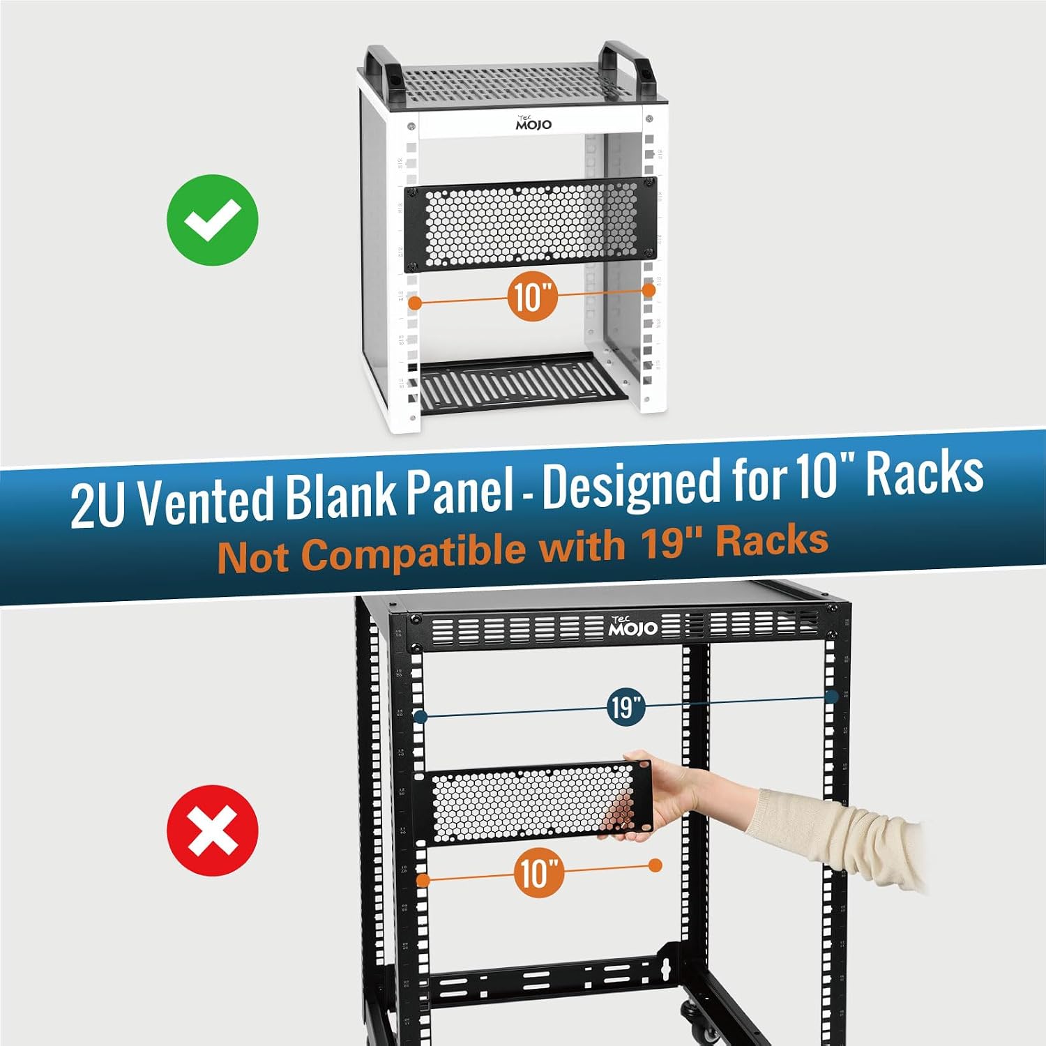 Tecmojo Vented 2U Blank Rack Mount Panel, Steel Patch Panel Filler for 10" Width Server Rack, Network Cabinet, Data Center, Home Labs, Black (2 Pack)