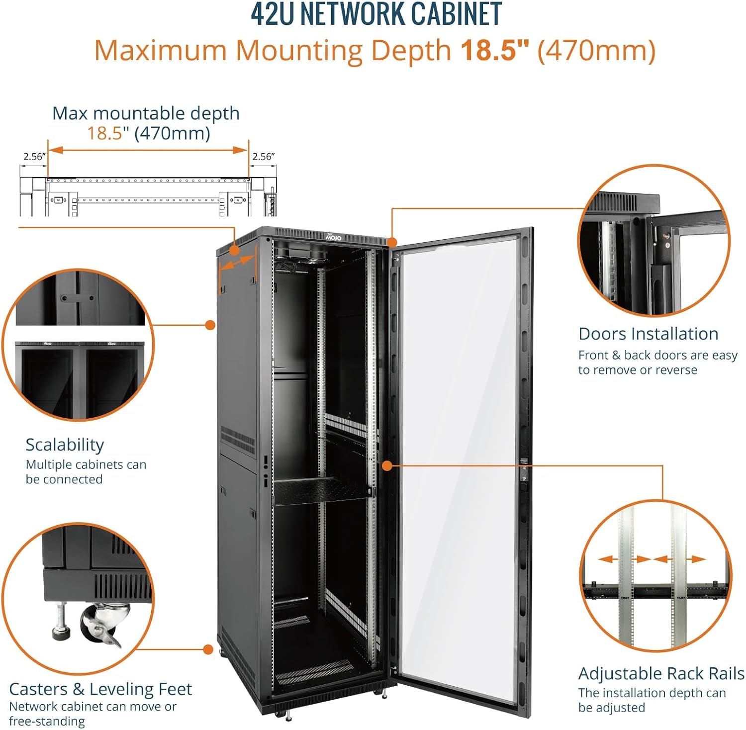 Tecmojo 27U 600 * 600mm 4 Post Free Standing Network Cabinet Data Server Rack, Lockable Glass Door, with Cantilevel Shelf Casters and feets, Disassembled Flat package