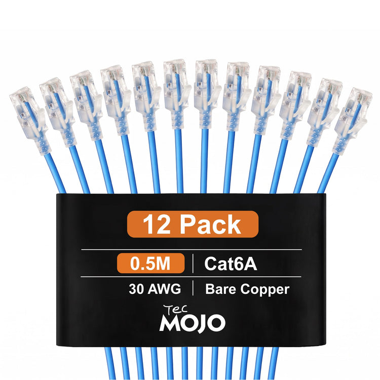 Tecmojo Ultra Slim 12 Pack,0.5M CAT6A Ethernet Patch Cable,UTP 10 Gigabit LAN Network Cable,30AWG LSZH RJ45 Patch Cord,Blue