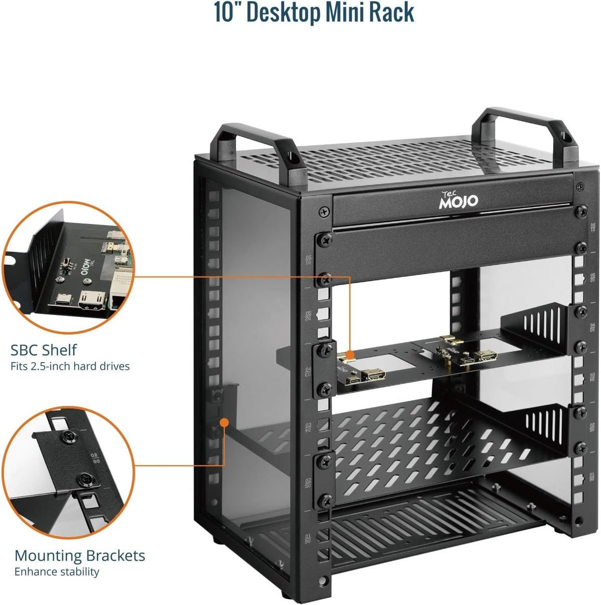 Tecmojo 6U Server Rack, 10 inch Wide 200mm Deep Desktop Rack with Shelf, Micro HDMl to HDMI Adapter Board, 60 kg /132 lbs Max Loading, Blank Panel for 10 inch Servers, Network Equipment, Black