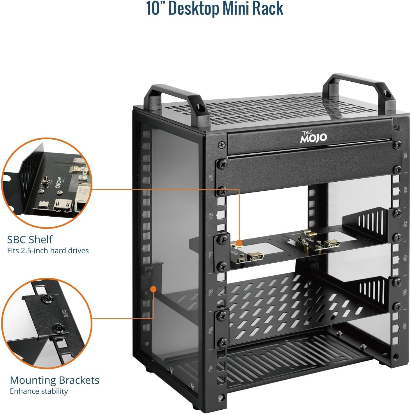 Tecmojo 6U Server Rack, 10 inch Wide 200mm Deep Desktop Rack with Shelf, Micro HDMl to HDMI Adapter Board, 60 kg /132 lbs Max Loading, Blank Panel for 10 inch Servers, Network Equipment, Black