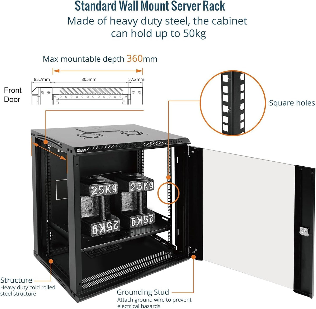 Tecmojo 9RU Wall Mount Network Cabinet, Data Server Rack Enclosure with Lockable Mesh Door and Side Panels, 50 kg /110 lbs Max Loading, 450 mm Deep, for 19 inches IT Equipment, Black
