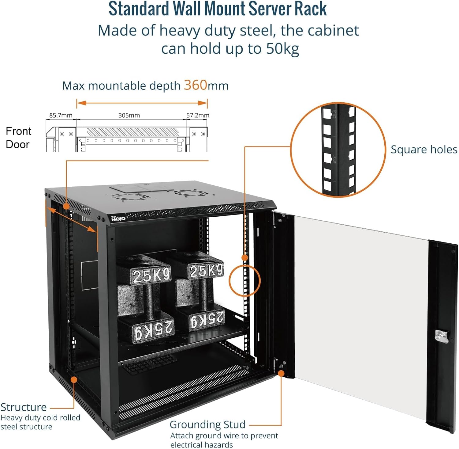 Tecmojo 9RU Wall Mount Network Cabinet, Data Server Rack Enclosure with Lockable Mesh Door and Side Panels, 50 kg /110 lbs Max Loading, 450 mm Deep, for 19 inches IT Equipment, Black