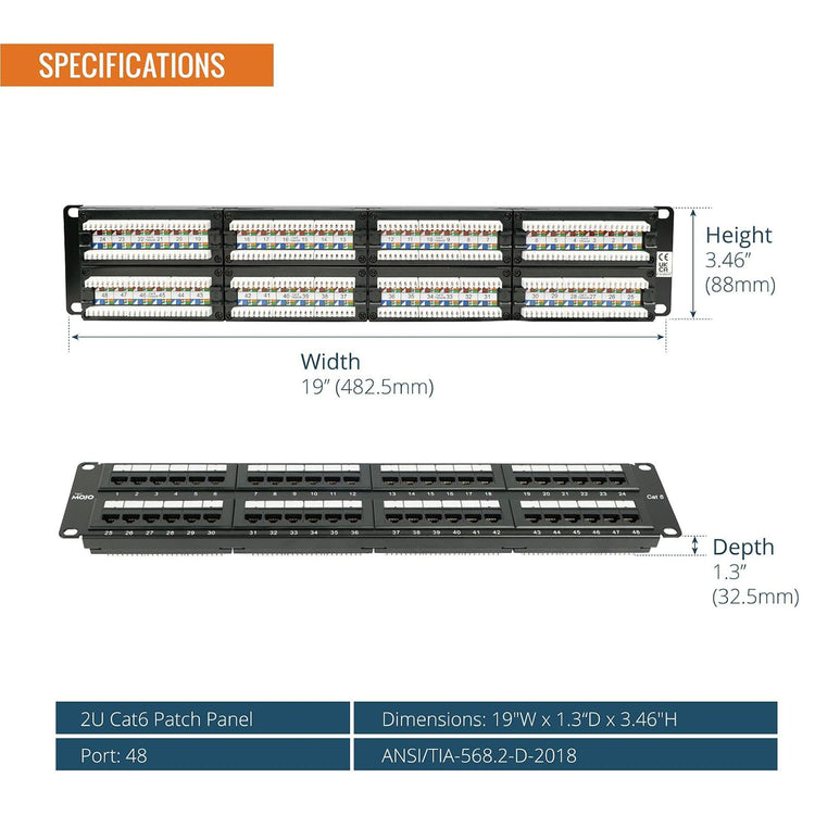 Tecmojo Cat6 48 Port Patch Panel, 19'' Network Patch Panel for Network Switch, 19inch Server Racks and Network Cabinets, 10G