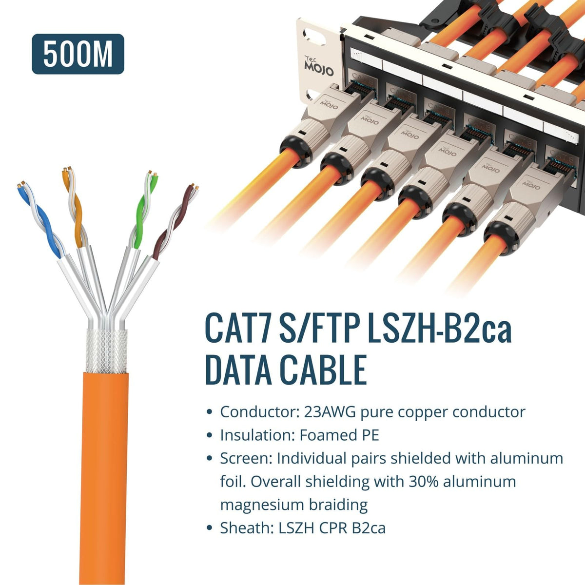 Tecmojo CAT8 S/FTP 20M, 40Gigabit LAN Ethernet Network Bulk Cable Pure Copper Conductor 22AWG with 40% Copper Braiding Shielding LSZH Dca, Yellow, with Cable Tool, RJ45 Connectors & Keystone Jacks