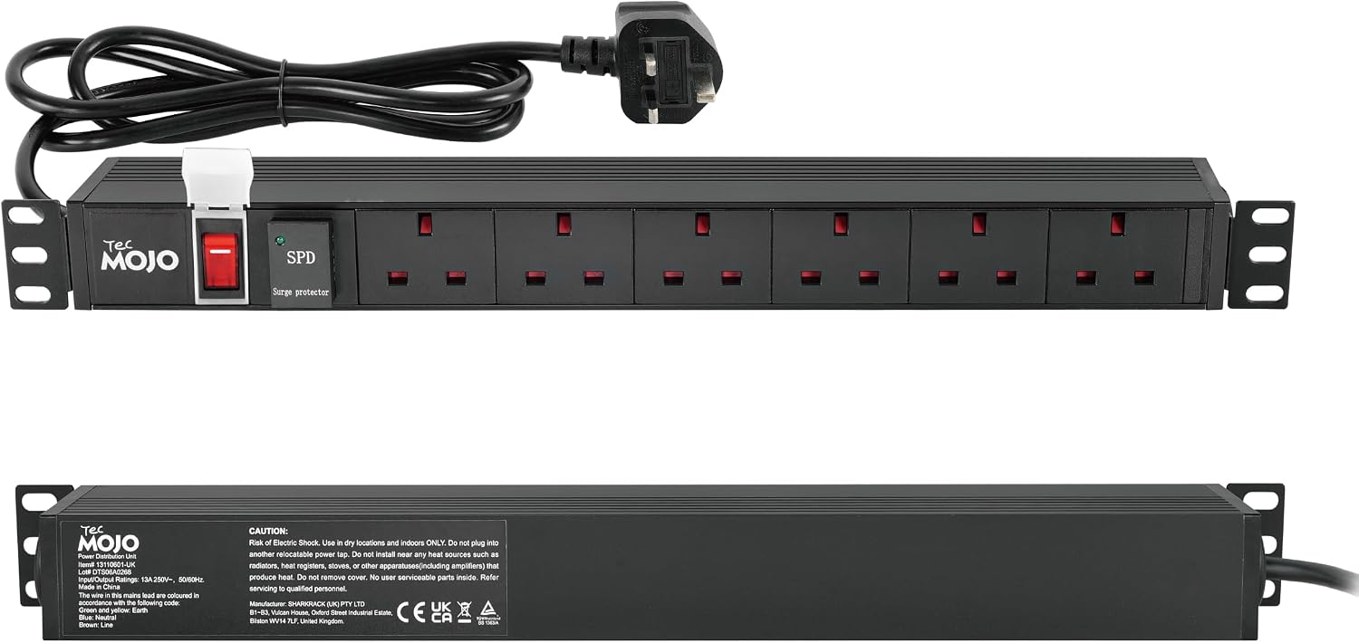 Tecmojo Rack Mount PDU 13A Switched Power distribution Unit, Aluminum Alloy With UK Plug, 2M Cable (3 way 10 inch)