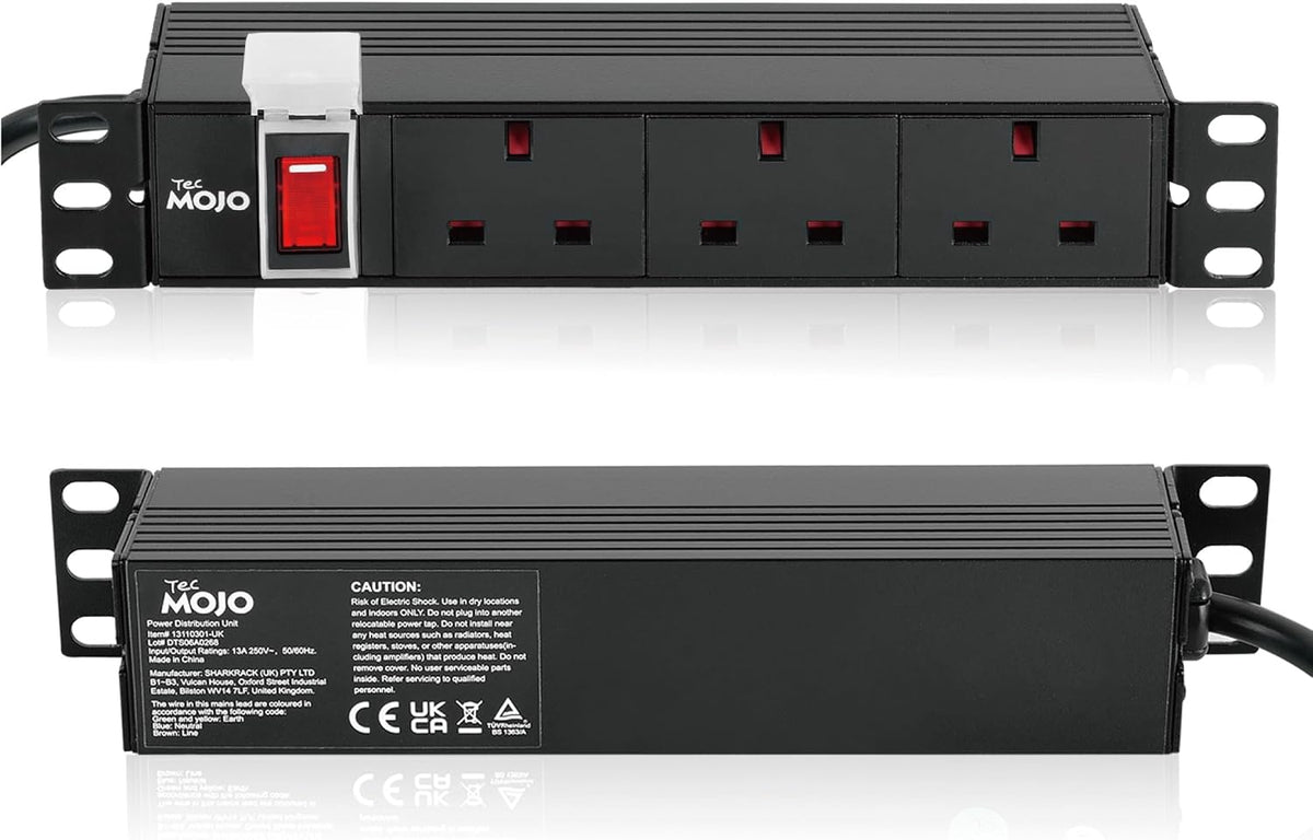 Tecmojo Rack Mount PDU 13A Switched Power distribution Unit, Aluminum Alloy With UK Plug, 2M Cable (3 way 10 inch)