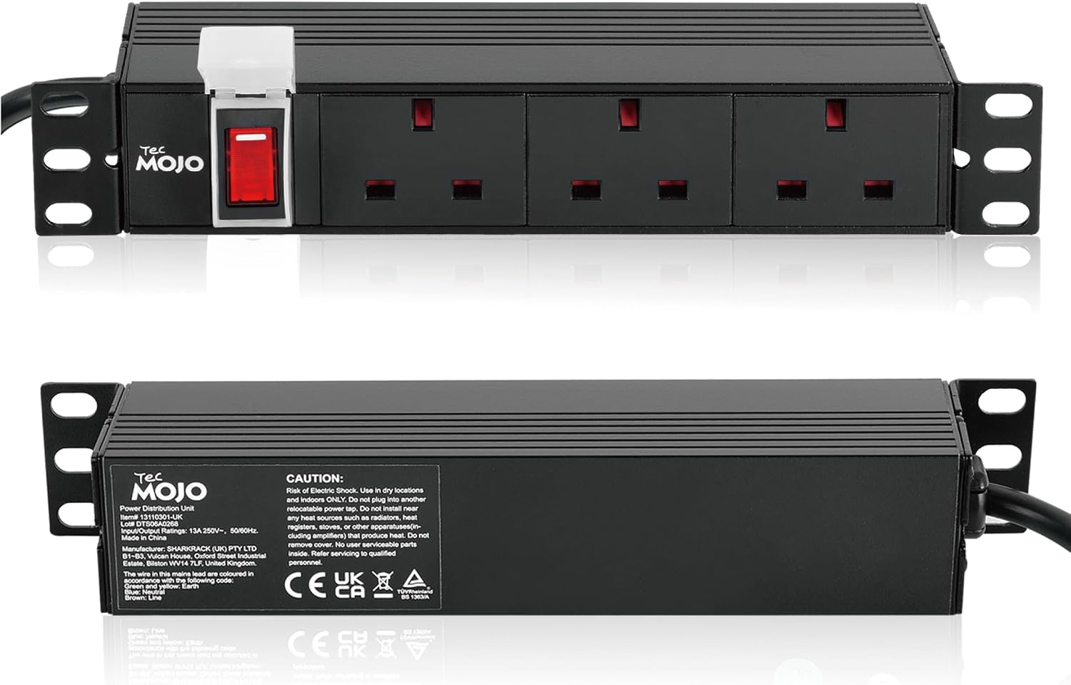 Tecmojo Rack Mount PDU 13A Switched Power distribution Unit, Aluminum Alloy With UK Plug, 2M Cable (3 way 10 inch)
