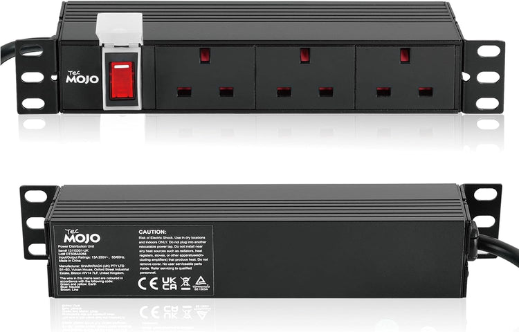 Tecmojo Rack Mount PDU 13A Switched Power distribution Unit, Aluminum Alloy With UK Plug, 2M Cable (3 way 10 inch)
