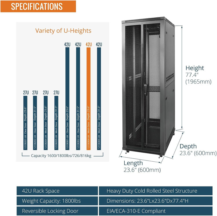 Tecmojo 27U 600 * 600mm 4 Post Free Standing Network Cabinet Data Server Rack, Lockable Glass Door, with Cantilevel Shelf Casters and feets, Disassembled Flat package