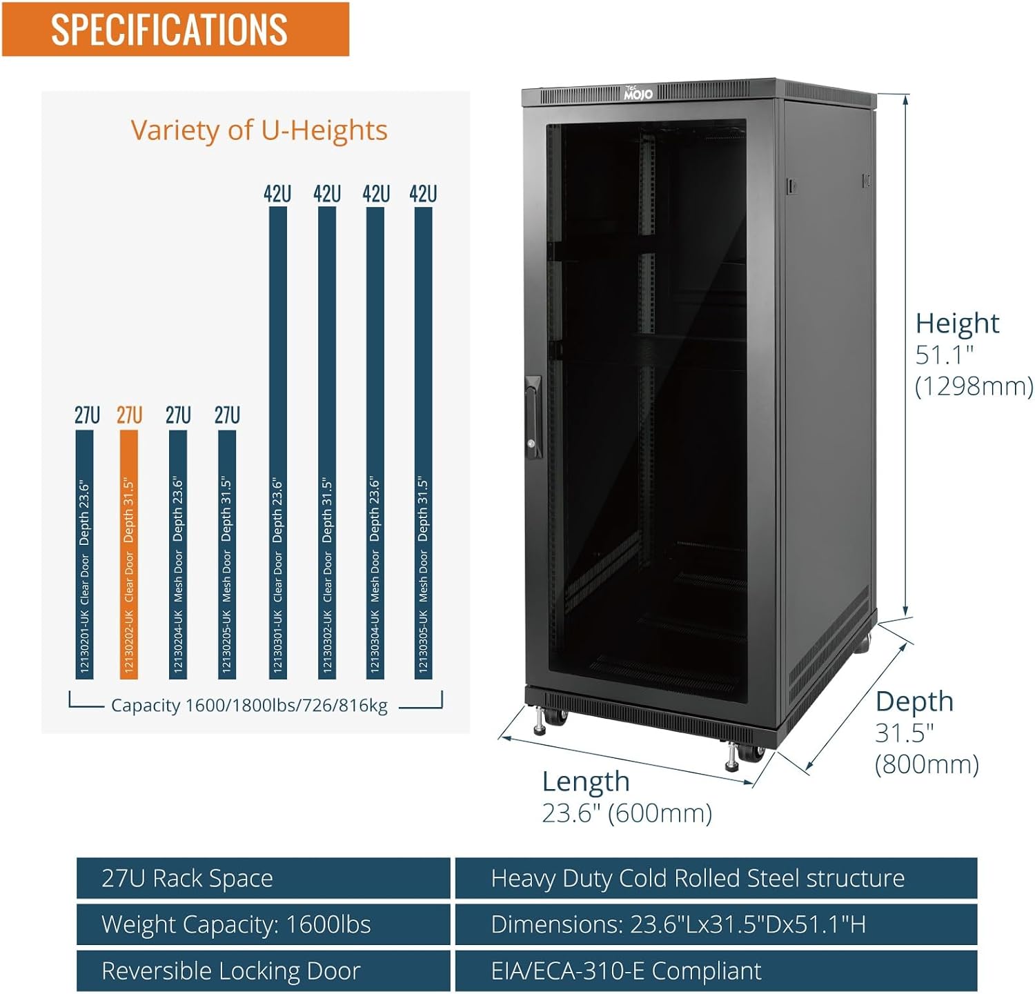 Tecmojo 27U 600 * 600mm 4 Post Free Standing Network Cabinet Data Server Rack, Lockable Glass Door, with Cantilevel Shelf Casters and feets, Disassembled Flat package