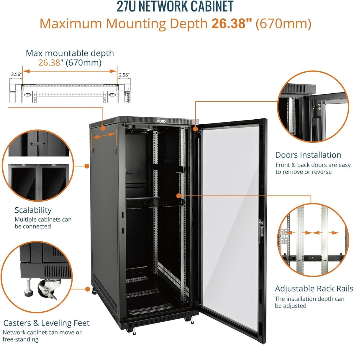 Tecmojo 27U 600 * 600mm 4 Post Free Standing Network Cabinet Data Server Rack, Lockable Glass Door, with Cantilevel Shelf Casters and feets, Disassembled Flat package