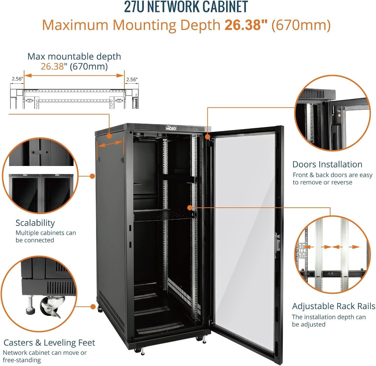 Tecmojo 27U 600 * 600mm 4 Post Free Standing Network Cabinet Data Server Rack, Lockable Glass Door, with Cantilevel Shelf Casters and feets, Disassembled Flat package