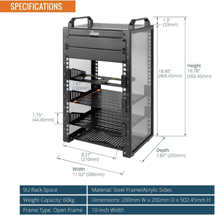 Tecmojo 9U Server Rack, 10 inch Wide 200mm Deep Desktop Rack with Shelf, Micro HDMl to HDMI Adapter Board, 60 kg /132 lbs Max Loading, Blank Panel for 10 inch Servers, Network Equipment, Black