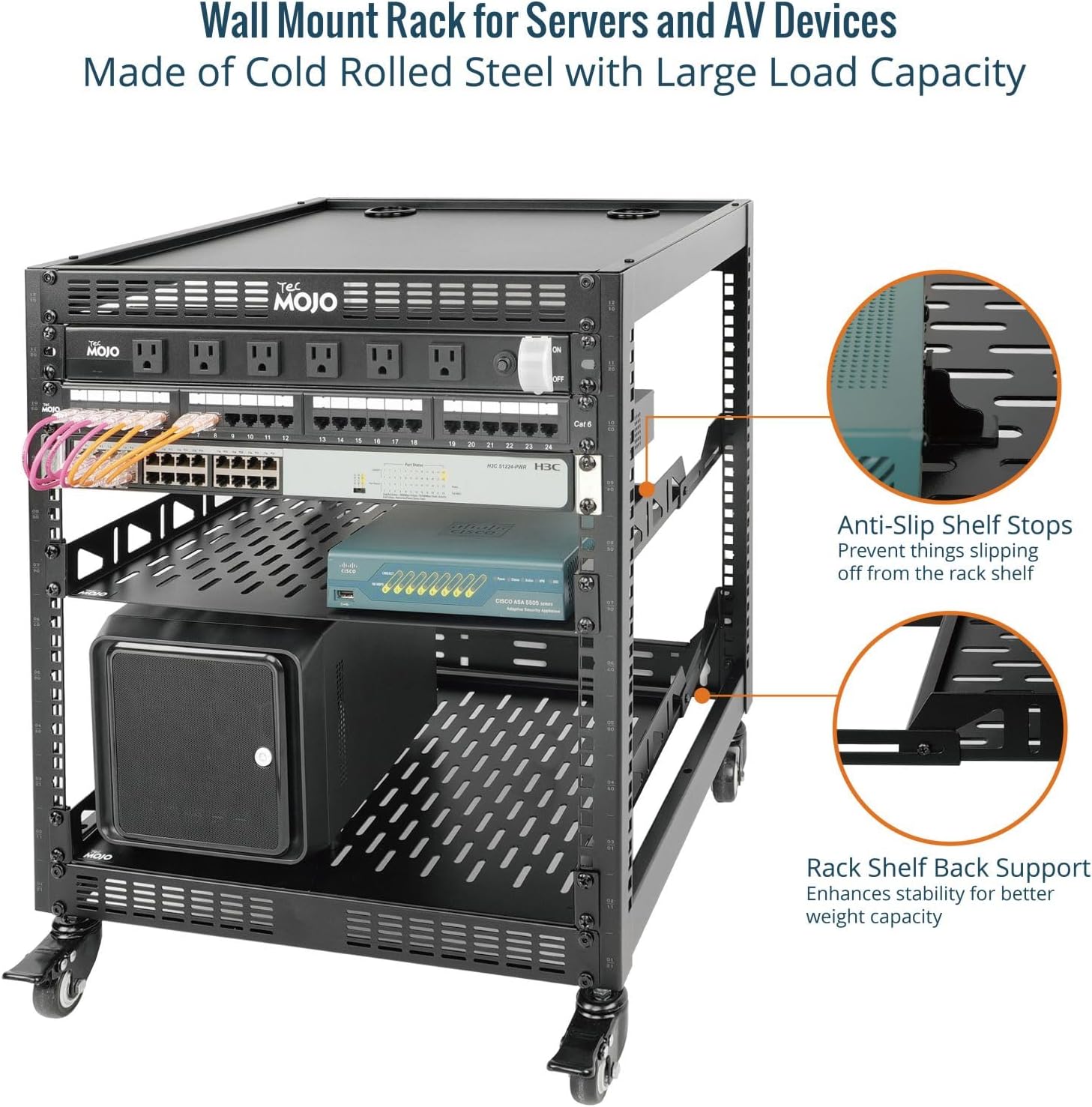 Tecmojo 12U Open Frame Network Rack, 19" Compatible, Floor Standing and Wall Mountable, with 2x 1U Server Shelf & Mounting Hardware, AV & IT Equipment Rack for for Office/Home