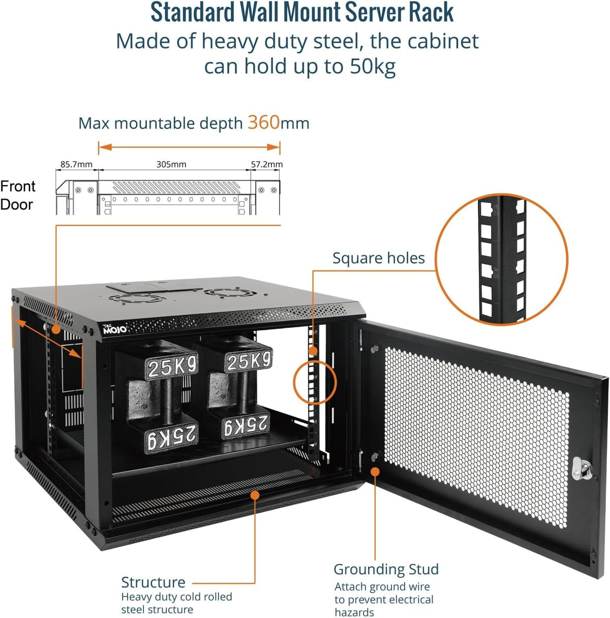 Tecmojo 9RU Wall Mount Network Cabinet, Data Server Rack Enclosure with Lockable Mesh Door and Side Panels, 50 kg /110 lbs Max Loading, 450 mm Deep, for 19 inches IT Equipment, Black