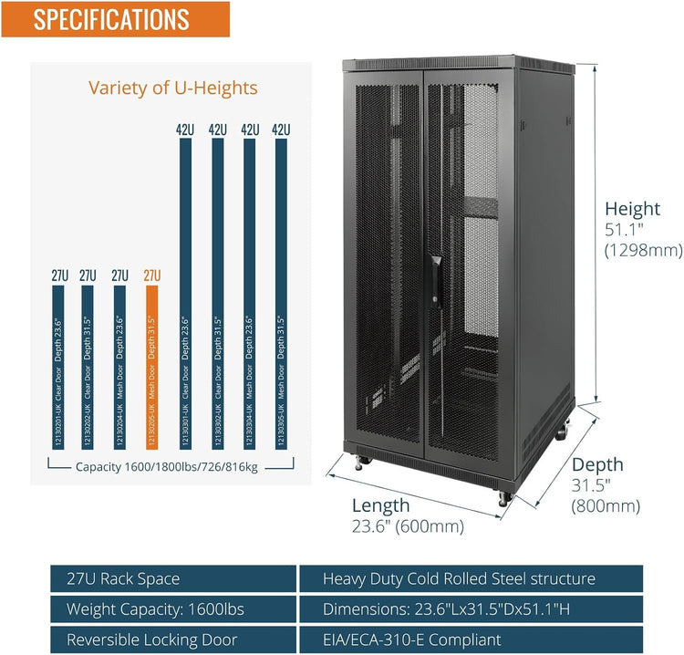 Tecmojo 27U 600 * 600mm 4 Post Free Standing Network Cabinet Data Server Rack, Lockable Glass Door, with Cantilevel Shelf Casters and feets, Disassembled Flat package