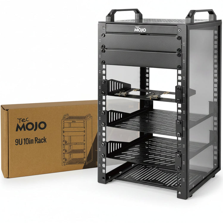 Tecmojo 9U Server Rack, 10 inch Wide 200mm Deep Desktop Rack with Shelf, Micro HDMl to HDMI Adapter Board, 60 kg /132 lbs Max Loading, Blank Panel for 10 inch Servers, Network Equipment, Black