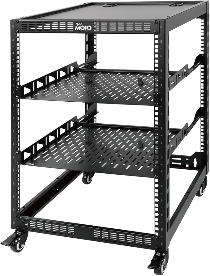 Tecmojo 16U Open Frame Network Rack for Servers and AV Gear, Mobile Server Rack 4-Post with casters, with 2pcs 1U Shelf and Mounting Hardware, AV Rack for 19" Network, Server, and Audio equipments