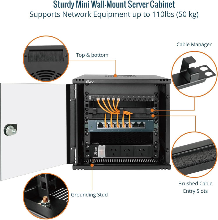 Tecmojo 6U Server Cabinet Wall Mount 10 inch 330mm Depth Network Cabinet with Rack Shelf, Brush Panels, Cable Organizer for Small AV/IT/Data Devices, 50kg Capacity, Glass Door